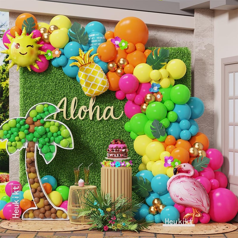 Heukikt Tropical Hawaiian Party Decorations 155Pcs Luau Balloon Garland Arch Kit Hot Pink Orange Yellow Pineapple Flamingo Balloons for Tropical Summer Beach Pool Birthday Coconut Party Supplies - Image 2