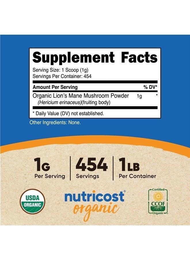 Nutricost Organic Lion's Mane Mushroom Powder 1LB .16.2oz .Packaging May Vary - Image 4