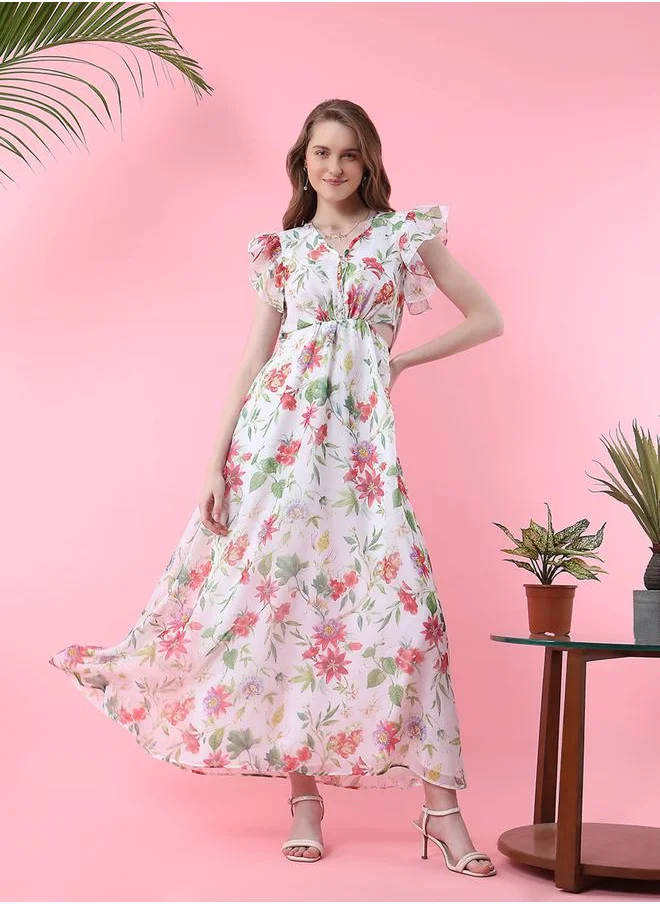 ميش Side Waist Cut-Out Frill Sleeves Maxi Dress by Styli
