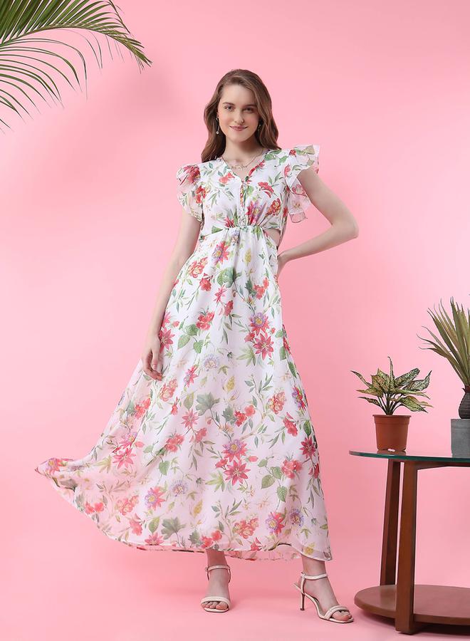 ميش فستان ماكسي ميش بحزام جانبي وأكمام مكشكشة - Image 1