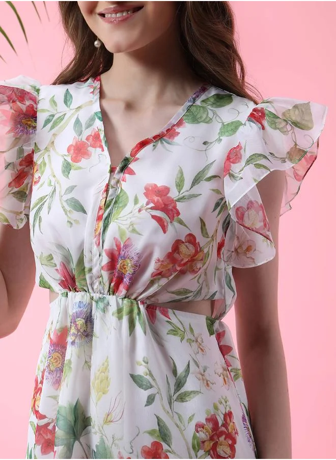 ميش Side Waist Cut-Out Frill Sleeves Maxi Dress by Styli