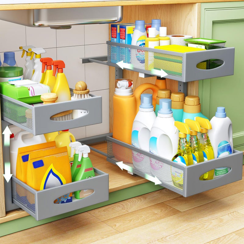 Kitstorack Under Sink Organizer, 2 Tier Pull out Cabinet Organizer Baskets for Kitchen and Bathroom Cabinet Organization,1 Pack, Grey - Image 1