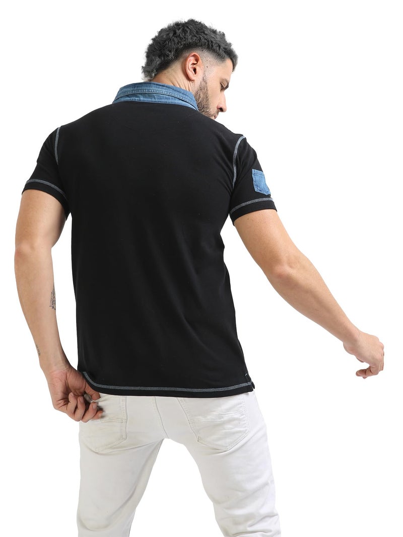 fanideaz Men's Regular Fit Self Design Denim Polo T Shirt_Denimblack_2Xl - Image 5