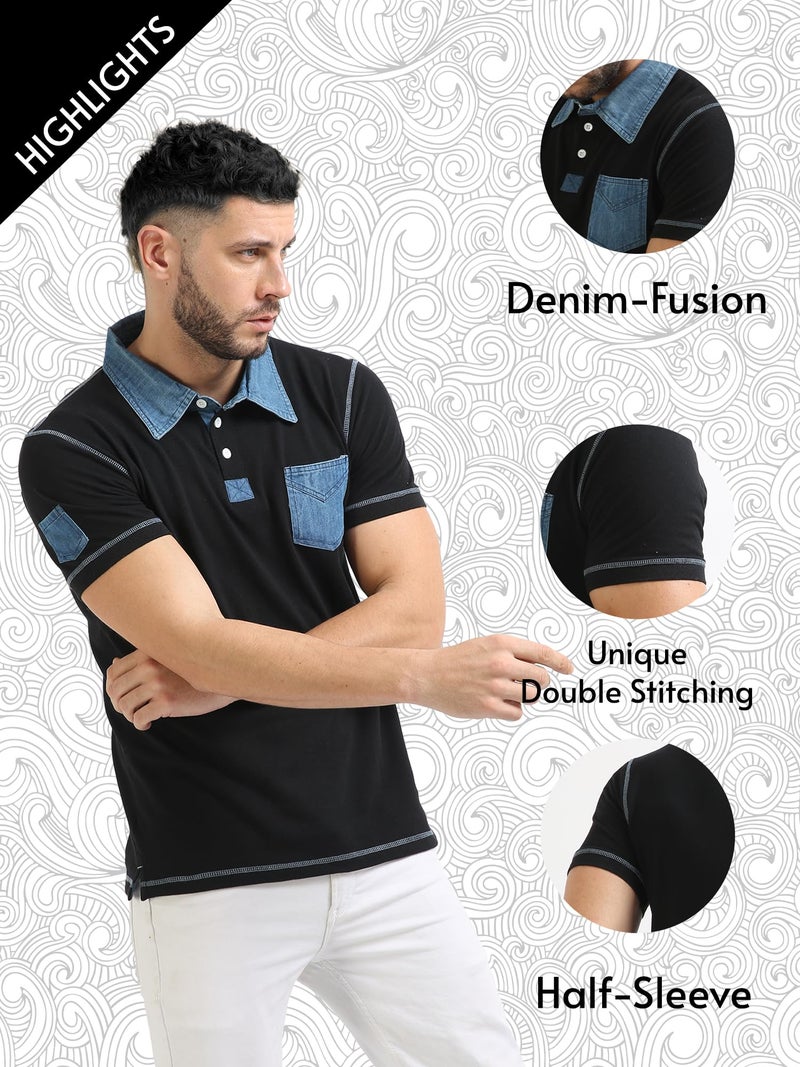 fanideaz Men's Regular Fit Self Design Denim Polo T Shirt_Denimblack_2Xl - Image 2
