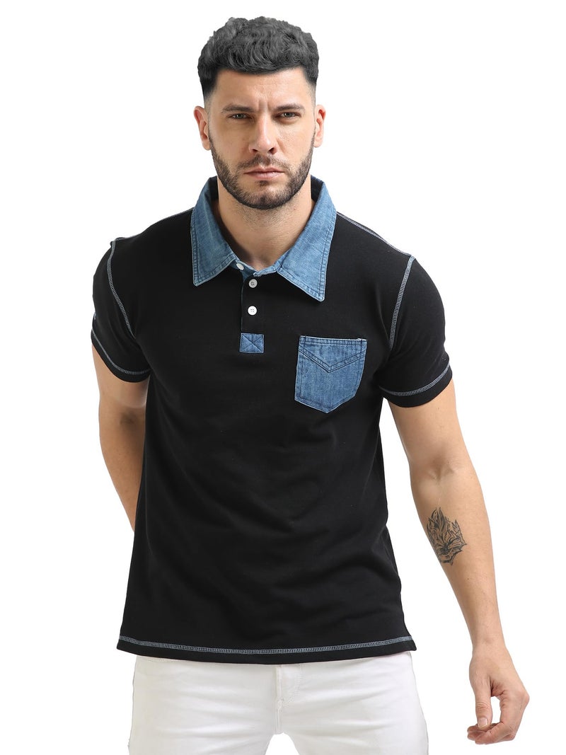 fanideaz Men's Regular Fit Self Design Denim Polo T Shirt_Denimblack_2Xl - Image 1