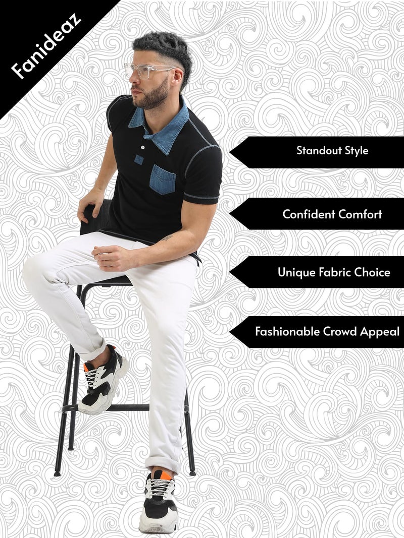 fanideaz Men's Regular Fit Self Design Denim Polo T Shirt_Denimblack_2Xl - Image 4