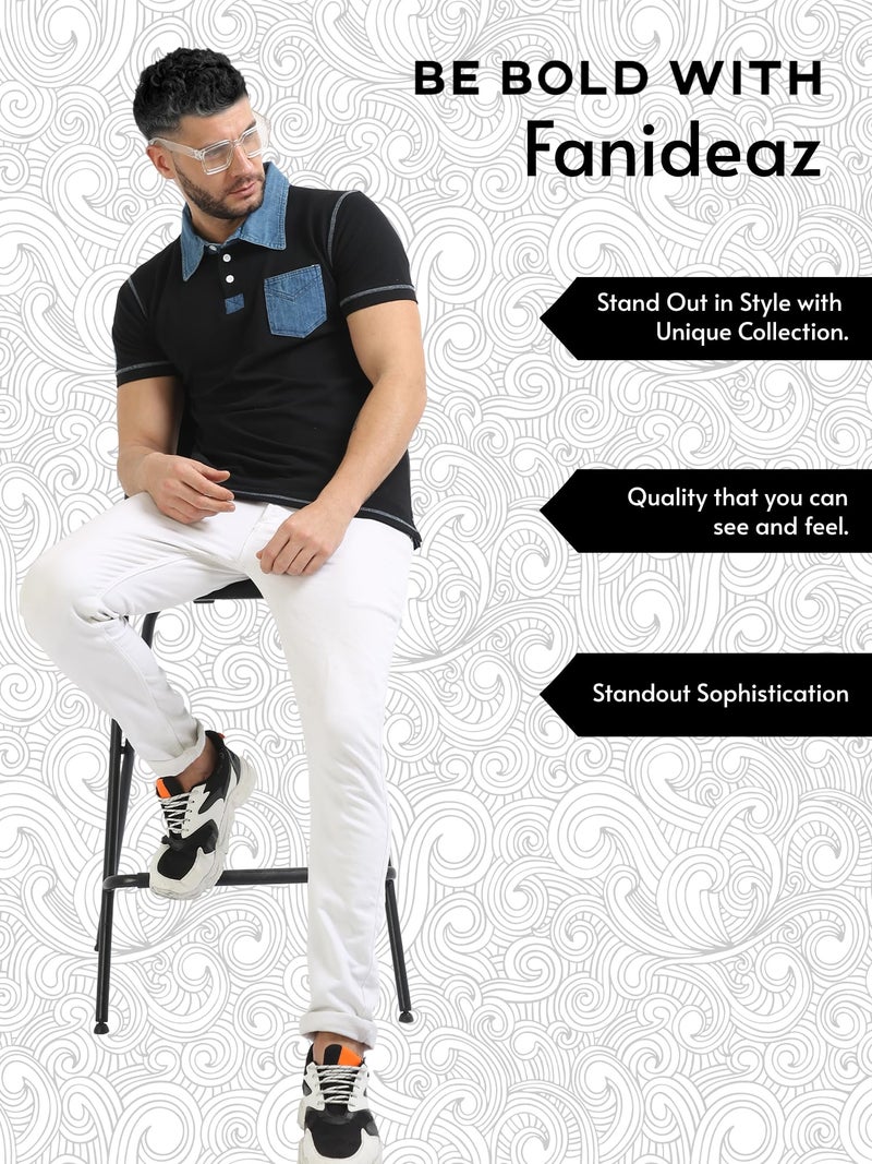 fanideaz Men's Regular Fit Self Design Denim Polo T Shirt_Denimblack_2Xl - Image 3