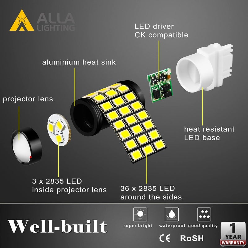 Alla Lighting ألا لايتينج مُحدث حديثًا T20 7440 7443 LED للإضاءة الخلفية والرجوع، والإشارة، والفرامل، أو مصابيح تشغيل النهار، 6000K زينون أبيض، سوبر بر��يت 2835-SMD 360° للسيارات والشاحنات - Image 4