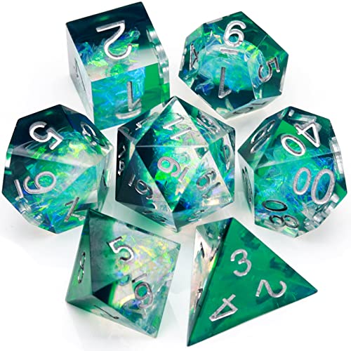 Haxtec DND Dice Set Sharp Edge Resin Dice Iridecent Inclusion with Dice Case Green DD Dice for RPG Role Playing Games Compatible with Dungeons and Dragons Gift Galaxy Series - Image 1
