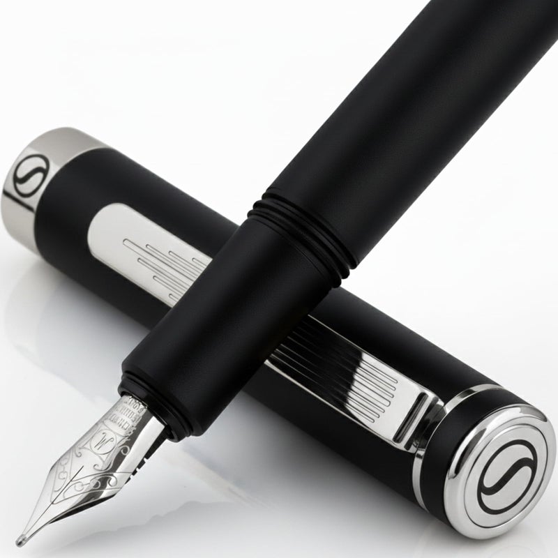 Scriveiner Luxury EDC Fountain Pen (Fine), Stunning Matt Black Pocket Pen, Chrome Finish, Schmidt German Nib, Converter, Best Writing Pen Gift Set for Men & Women, Nice Fancy Office Designer Pen - Image 1