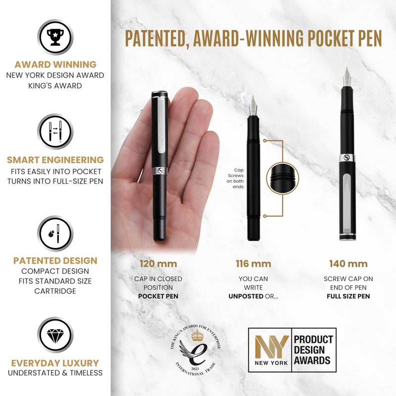 Scriveiner Luxury EDC Fountain Pen (Fine), Stunning Matt Black Pocket Pen, Chrome Finish, Schmidt German Nib, Converter, Best Writing Pen Gift Set for Men & Women, Nice Fancy Office Designer Pen - Image 4