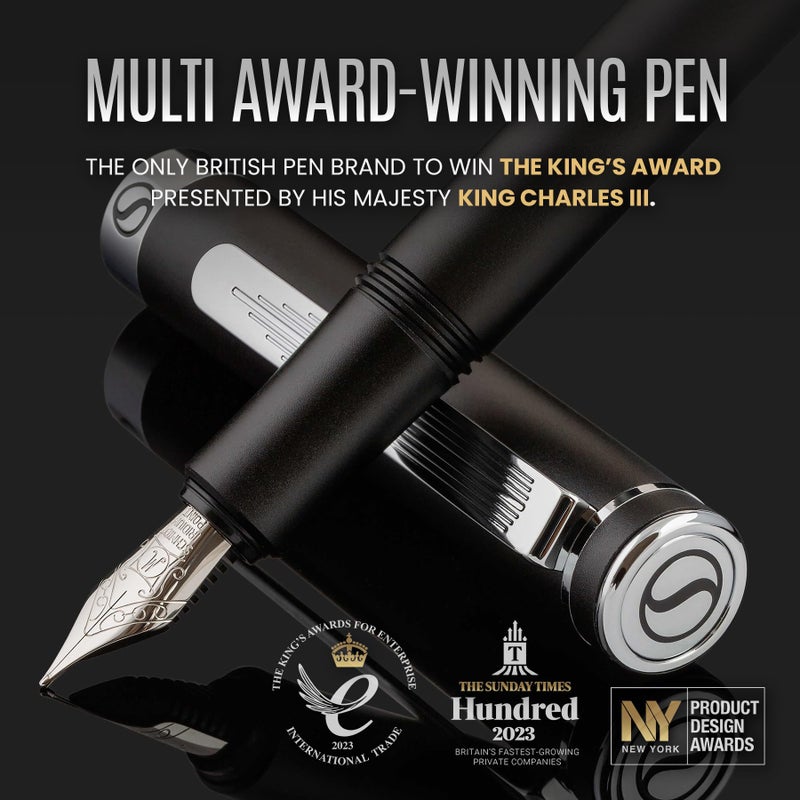 Scriveiner Luxury EDC Fountain Pen (Fine), Stunning Matt Black Pocket Pen, Chrome Finish, Schmidt German Nib, Converter, Best Writing Pen Gift Set for Men & Women, Nice Fancy Office Designer Pen - Image 2