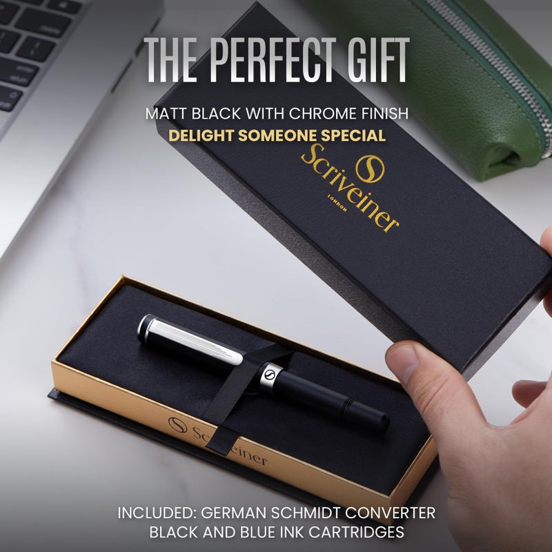 Scriveiner Luxury EDC Fountain Pen (Fine), Stunning Matt Black Pocket Pen, Chrome Finish, Schmidt German Nib, Converter, Best Writing Pen Gift Set for Men & Women, Nice Fancy Office Designer Pen - Image 3