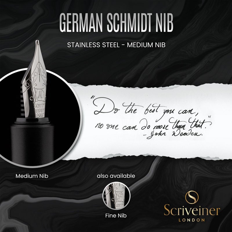 Scriveiner Luxury EDC Fountain Pen (Fine), Stunning Matt Black Pocket Pen, Chrome Finish, Schmidt German Nib, Converter, Best Writing Pen Gift Set for Men & Women, Nice Fancy Office Designer Pen - Image 5