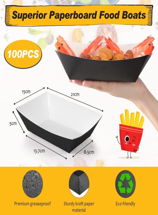 Yinkin 100 Pcs Paper Food Trays Boat 3lb Disposable Nacho Trays Kraft Paper for Tacos Concession French Fries Snack Hot Dog BBQ Popcorn Valentine's Day Wedding Carnival Picnic Party Supplies(Black) - Image 3