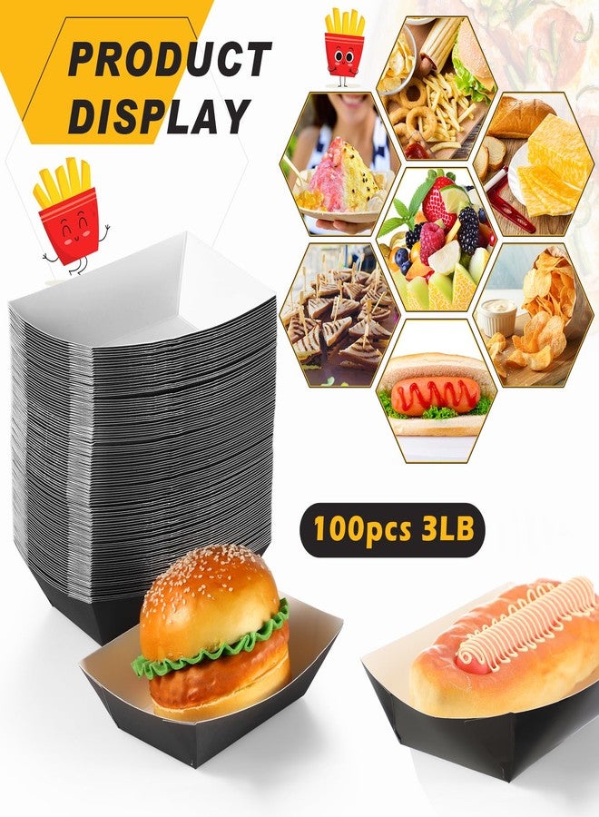 Yinkin 100 Pcs Paper Food Trays Boat 3lb Disposable Nacho Trays Kraft Paper for Tacos Concession French Fries Snack Hot Dog BBQ Popcorn Valentine's Day Wedding Carnival Picnic Party Supplies(Black) - Image 2