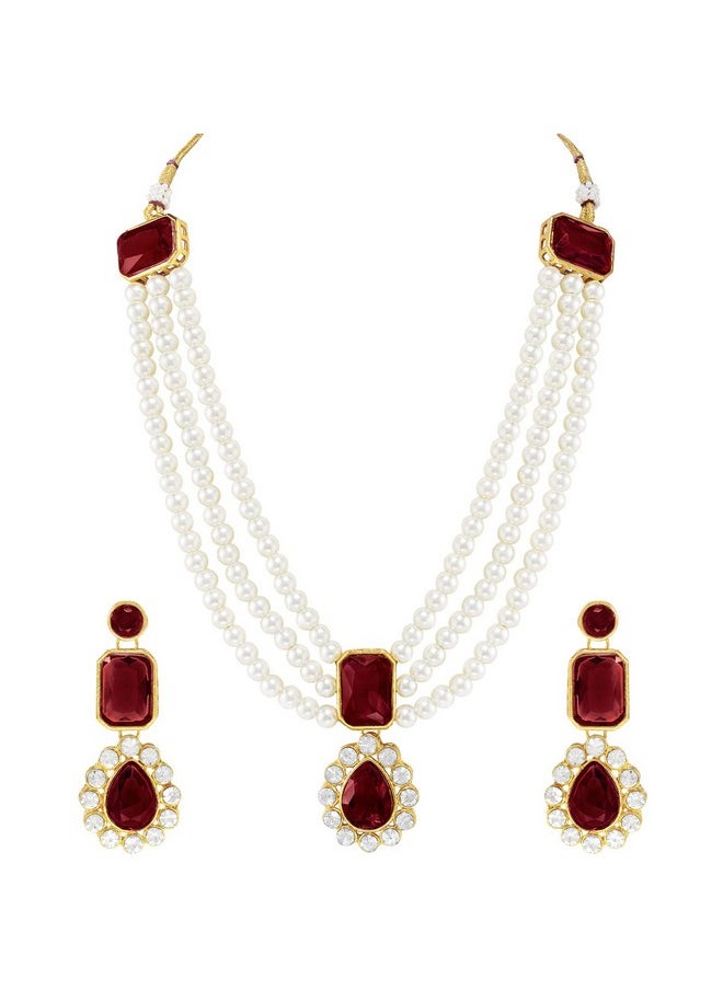Aheli Wedding Party Kundan Pendant Necklace Earrings Traditional Ethnic Fashion Jewely Set For Women (Maroon Stonefaux Kundan Pearl Long)  - Image 1