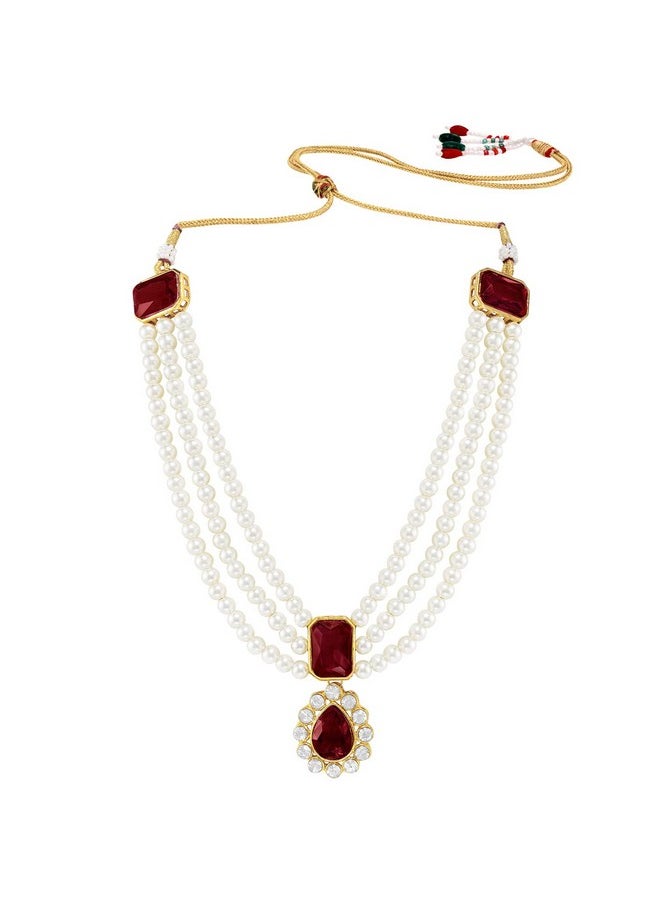 Aheli Wedding Party Kundan Pendant Necklace Earrings Traditional Ethnic Fashion Jewely Set For Women (Maroon Stonefaux Kundan Pearl Long)  - Image 5