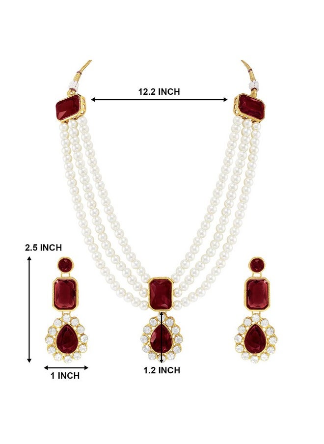 Aheli Wedding Party Kundan Pendant Necklace Earrings Traditional Ethnic Fashion Jewely Set For Women (Maroon Stonefaux Kundan Pearl Long)  - Image 4