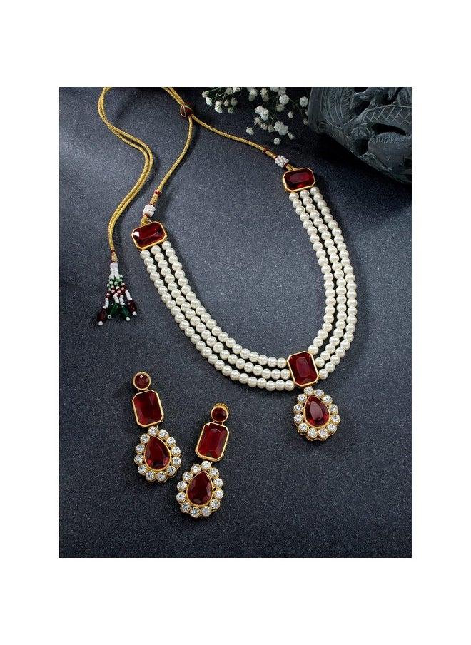 Aheli Wedding Party Kundan Pendant Necklace Earrings Traditional Ethnic Fashion Jewely Set For Women (Maroon Stonefaux Kundan Pearl Long)  - Image 3