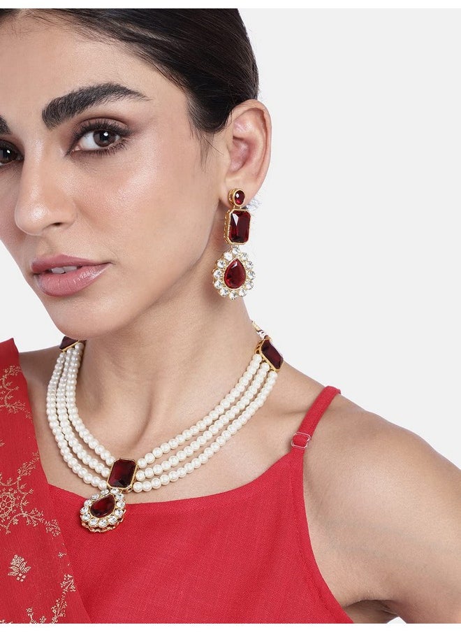 Aheli Wedding Party Kundan Pendant Necklace Earrings Traditional Ethnic Fashion Jewely Set For Women (Maroon Stonefaux Kundan Pearl Long)  - Image 2