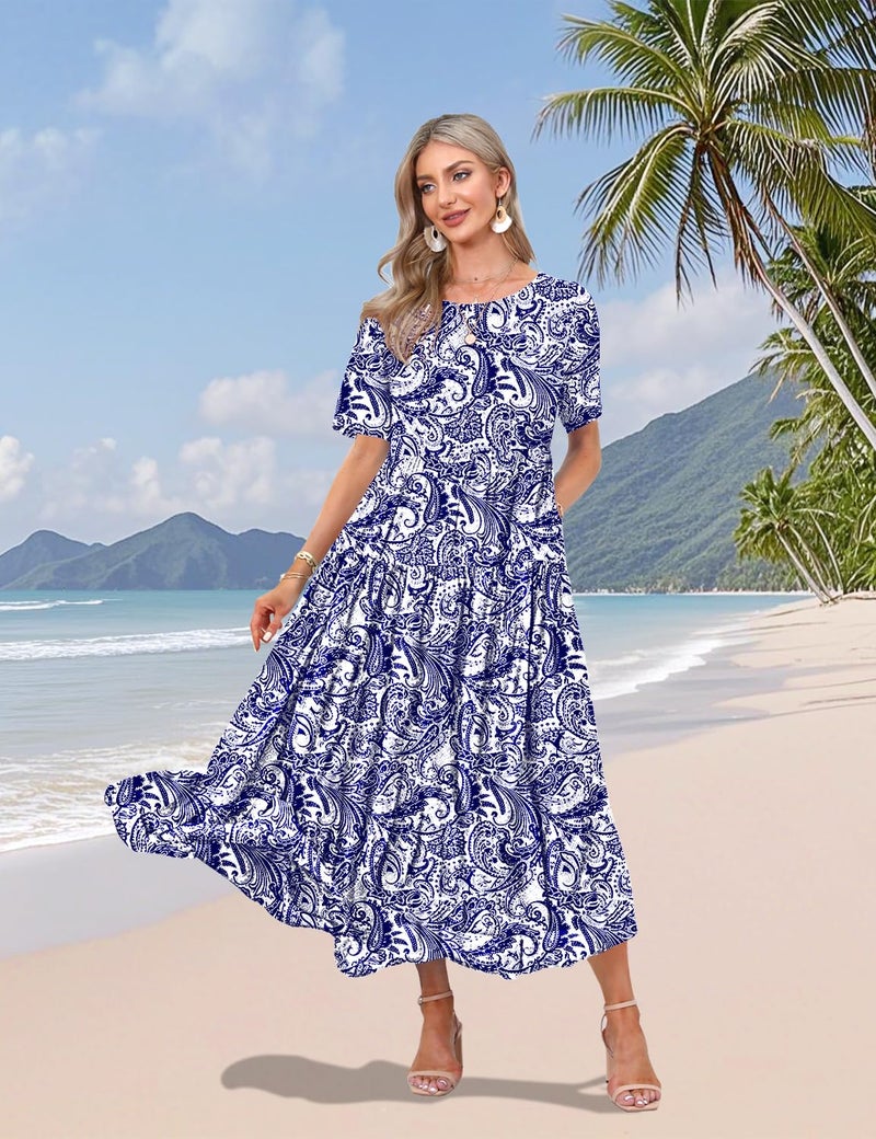 YESNO Women Casual Loose Bohemian Floral Dress with Pockets Short Sleeve Long Maxi Summer Beach Swing Dress L EJF CR148 - Image 3