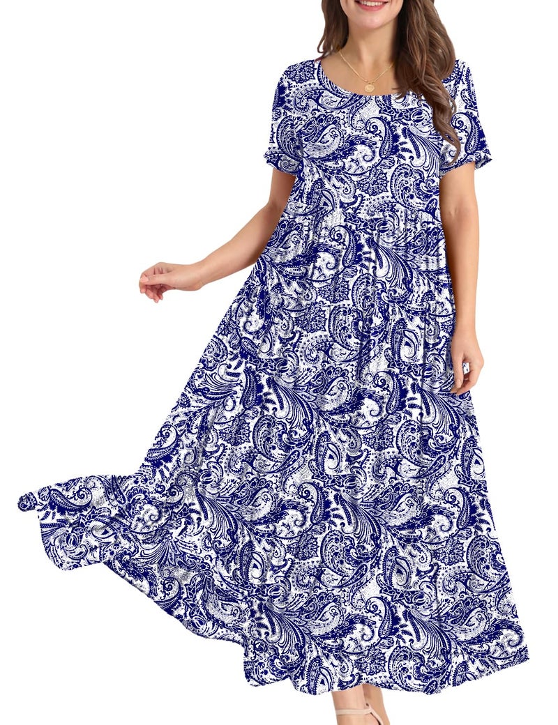 YESNO Women Casual Loose Bohemian Floral Dress with Pockets Short Sleeve Long Maxi Summer Beach Swing Dress L EJF CR148 - Image 1