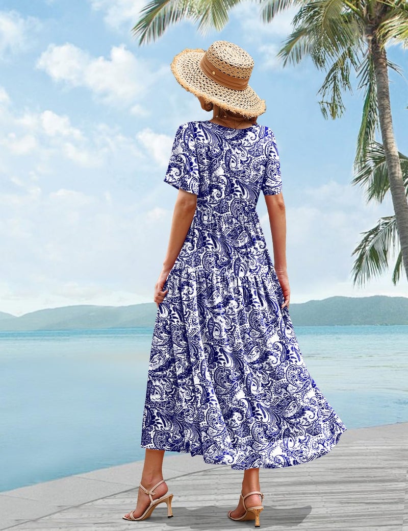 YESNO Women Casual Loose Bohemian Floral Dress with Pockets Short Sleeve Long Maxi Summer Beach Swing Dress L EJF CR148 - Image 4