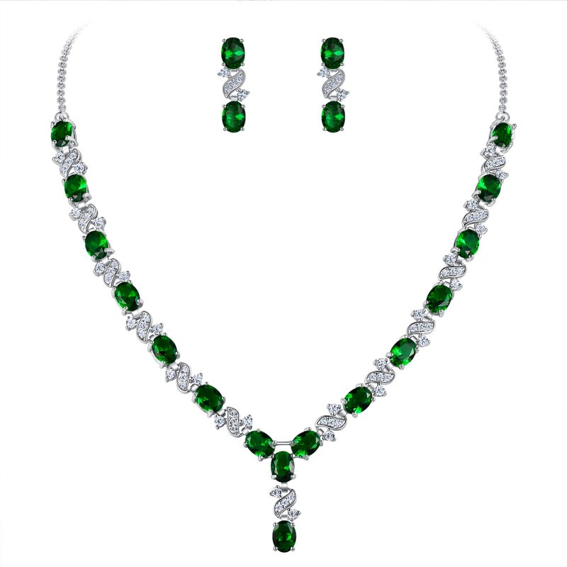 EleQueen Women's Silver-tone Cubic Zirconia Oval Shape Leaf Necklace Earrings Set For Brides And Weddings Emerald Color - Image 1