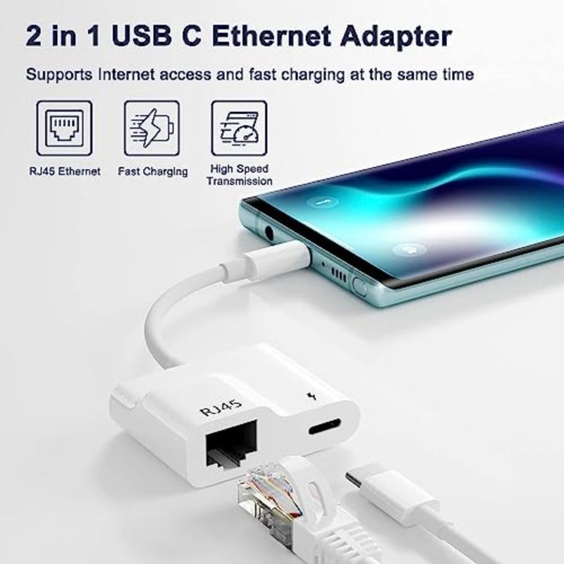 USB C to Ethernet Adapter, 2 in 1 USB C to RJ45 Adapter with 60W PD Type-C Charge Port Supports 10/100Mbps Ethernet Network, Compatible for Android/iPad Pro/Mac/Galaxy and More USB C Devices - Image 2