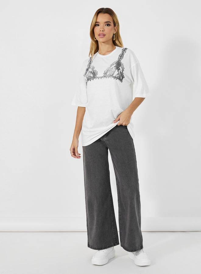 Graphic Lingerie Print Round Neck Oversized T-shirt