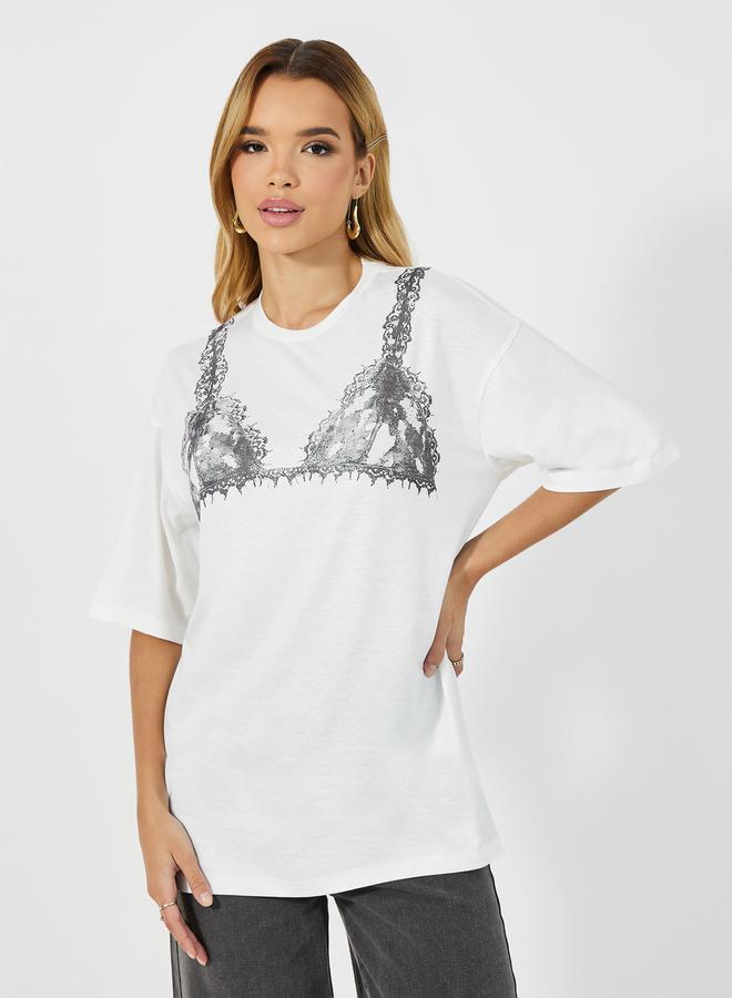 Graphic Lingerie Print Round Neck Oversized T-shirt