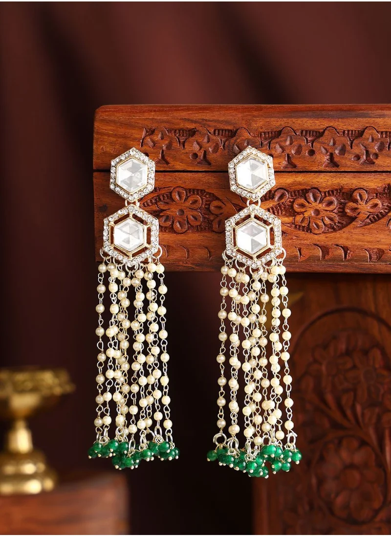 Priyaasi Kundan Stone Studded  Pearls Beaded Tasselled Drop Earrings