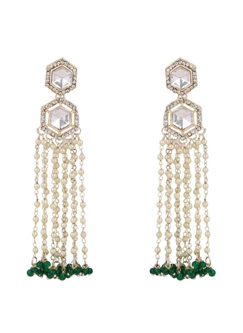 Priyaasi Kundan Stone Studded  Pearls Beaded Tasselled Drop Earrings