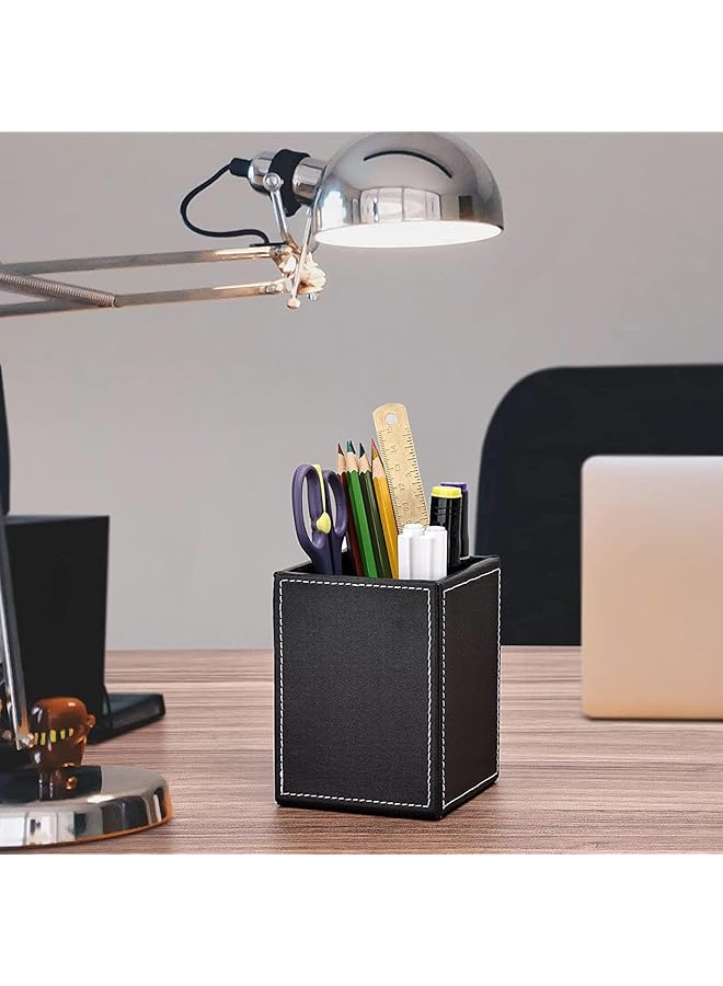 X spring Pu Leather Square Pen Holder Pencil Cups Desk Accessories Organizer Office Stationery Supplies Organizer Pens Organizer For Desk Pencils Holder Cup For Office Supplies Organized Black - Image 5