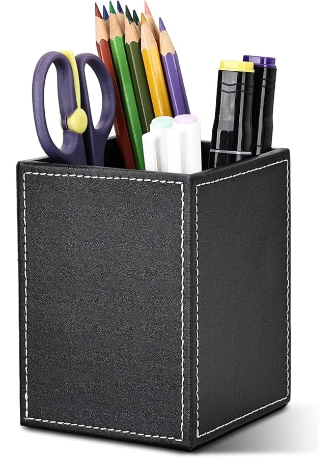 X spring Pu Leather Square Pen Holder Pencil Cups Desk Accessories Organizer Office Stationery Supplies Organizer Pens Organizer For Desk Pencils Holder Cup For Office Supplies Organized Black - Image 1