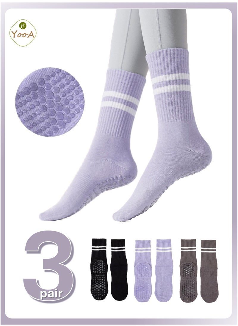 YooA 3-Pair Non-slip Yoga Socks, Cotton Pilates Socks with 3D Silicone Particles, Breathable&Moisture-wicking&Machine-washable, Ideal for Yoga/Pilates/Ballet/Dance/Workout (Purple+Black+Grey)  - Image 1