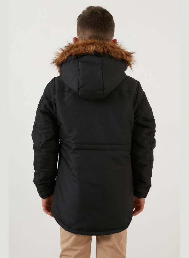 Lela  Lela Collar Faux Fur Plush Lined Hooded Slim Cut Coat Boy's COAT 6031050 for Men | Best Price UAE