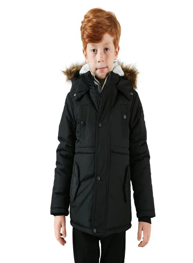 Lela  Lela Collar Faux Fur Plush Lined Hooded Slim Cut Coat Boy's COAT 6031050 for Men | Best Price UAE