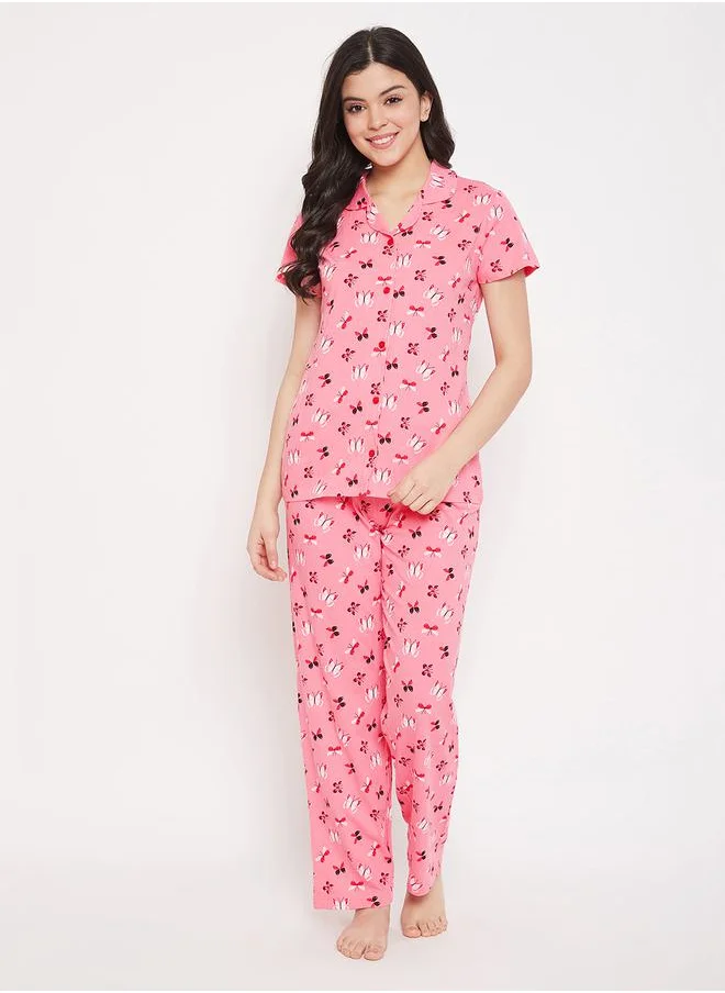 Clovia All Over Butterfly Print Short Sleeve Shirt & Drawstring Waistband Pyjama Set by Styli