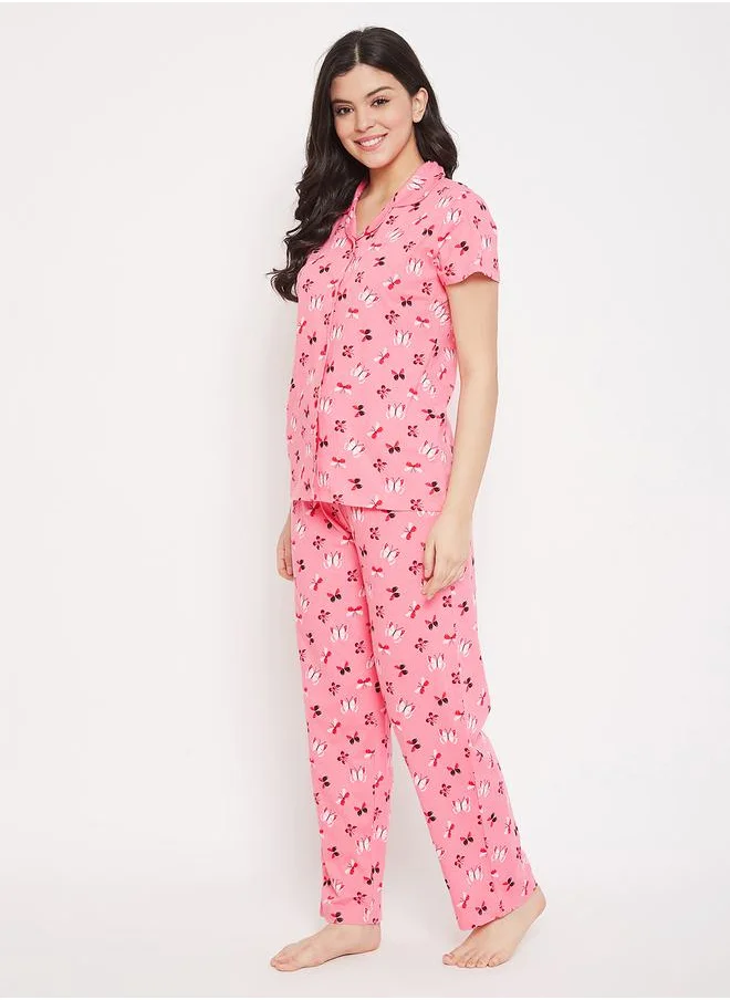 Clovia All Over Butterfly Print Short Sleeve Shirt & Drawstring Waistband Pyjama Set by Styli