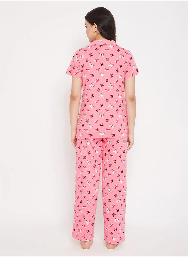Clovia All Over Butterfly Print Short Sleeve Shirt & Drawstring Waistband Pyjama Set by Styli