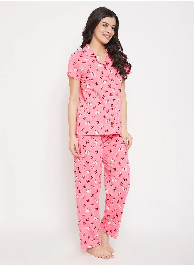 Clovia All Over Butterfly Print Short Sleeve Shirt & Drawstring Waistband Pyjama Set by Styli