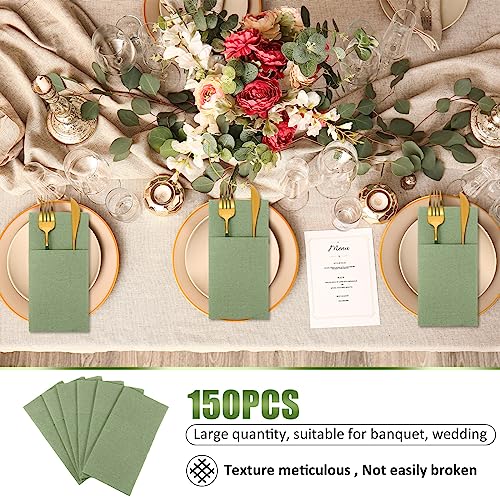 Cindeer 75 Pcs Sage Green Linen Dinner Feel Napkins with Built in Flatware Pocket Prefolded Paper Disposable Airlaid Guest Hand Towel for Silverware Wedding Reception Christmas Baby Shower - Image 5