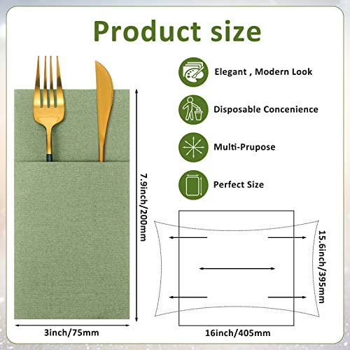 Cindeer 75 Pcs Sage Green Linen Dinner Feel Napkins with Built in Flatware Pocket Prefolded Paper Disposable Airlaid Guest Hand Towel for Silverware Wedding Reception Christmas Baby Shower - Image 2