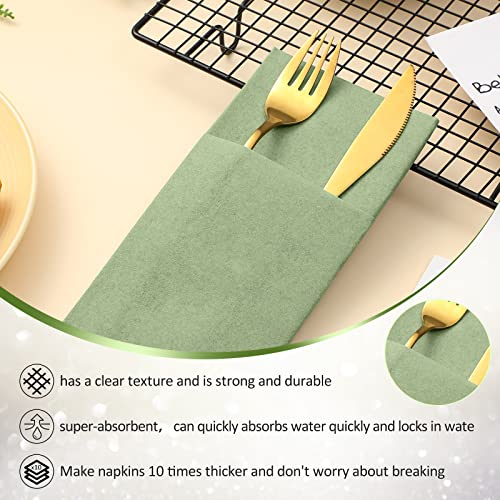 Cindeer 75 Pcs Sage Green Linen Dinner Feel Napkins with Built in Flatware Pocket Prefolded Paper Disposable Airlaid Guest Hand Towel for Silverware Wedding Reception Christmas Baby Shower - Image 4