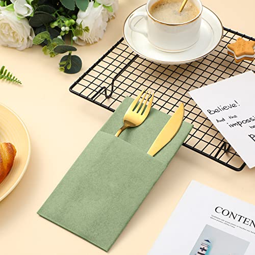 Cindeer 75 Pcs Sage Green Linen Dinner Feel Napkins with Built in Flatware Pocket Prefolded Paper Disposable Airlaid Guest Hand Towel for Silverware Wedding Reception Christmas Baby Shower - Image 3