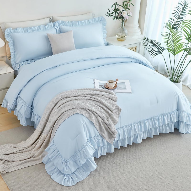 ANGIYUIN Light Blue Ruffled Comforter Set Twin 5Pcs Double-Layer Ruffle Girls Bed in A Bag Soft Lightweight Farmhouse Bed Sets Shabby Fluffy Comforter with Sheets for Kids Girls(Light Blue Twin) - Image 2