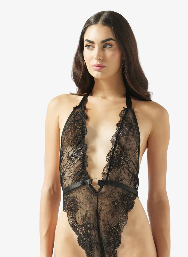 Ginger Plunge Neck Mesh Lace Bodysuit