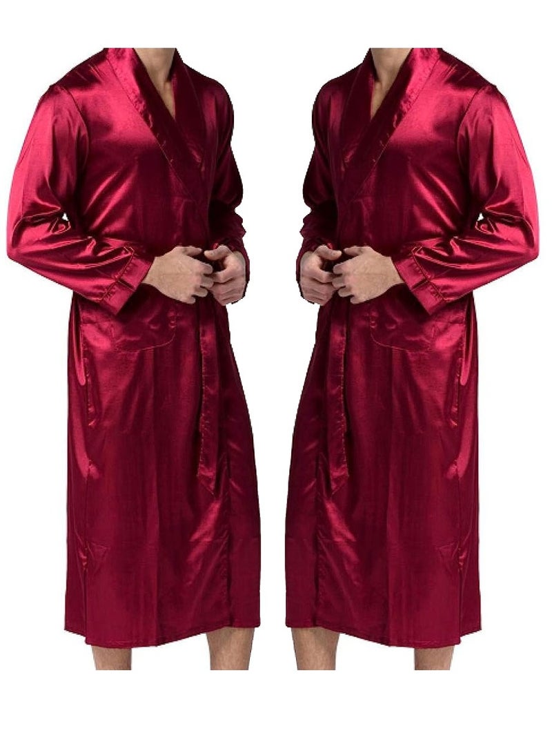 MARGOUN Men's Dressing Gown Kimono Robe Lightweight Silk Long Sleeved Home Sleepwear Loungewear Red XL(Length 49''/Chest 26'') - Image 4